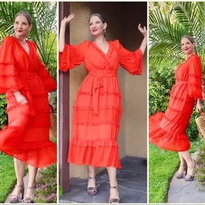 Alexis for Target Angel Sleeve Tiered Ruffle Orange Wrap Dress M NWT